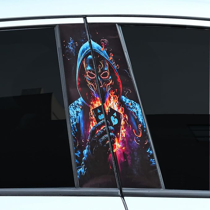 2 PCS Horror Car B-Pillar Stickers Decal, Personalized Skeleton Car Center Pillar Sticker, Self-Adhesive Vinyl Car Pillar Decals for SUV, Sedan & Truck, 19.68" x 9.96", Flame Skull - skull sticker