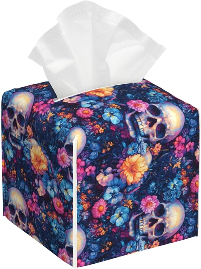 Colorful Floral Skull Print Tissue Box Cover Square Modern Decorative Tissue Box Holder, Cute Leather Box Cover Car Tissue Holder for Bathroom, Night Stands, Desk, Office Decor - skull toilet paper