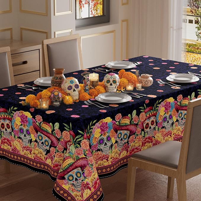 XCHI Day of The Dead Sugar Skull Rectangle Tablecloth Decorations 60x84 in - skull plate