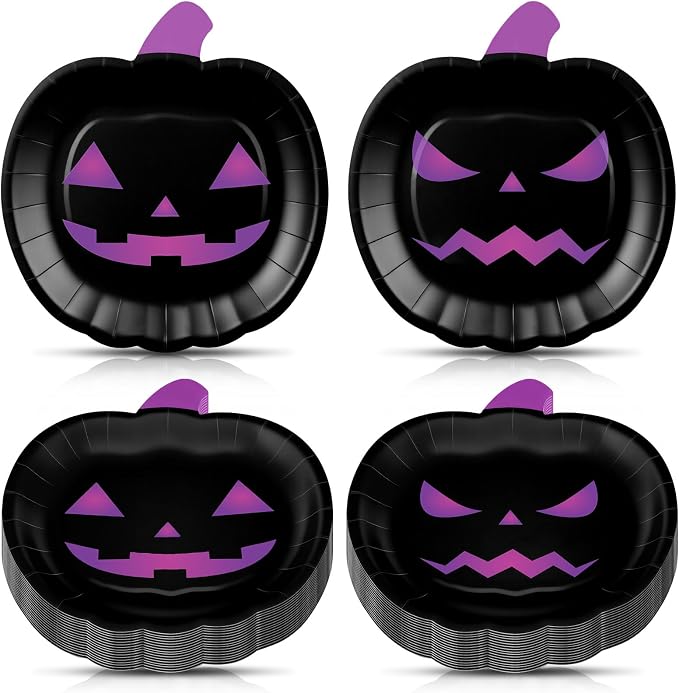 Newtay 50 Pcs Halloween Paper Plate Pumpkin Party Decoration, Black Purple - skull plate