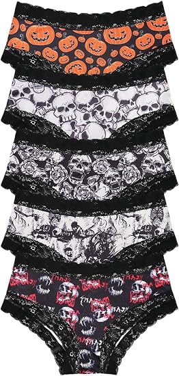 Morvia Halloween Printed Lace Trim Bikini Briefs for Women, 5 Pack, Gothic Skull and Pumpkin Panties, Soft Breathable, S-XXL - skull swimsuit