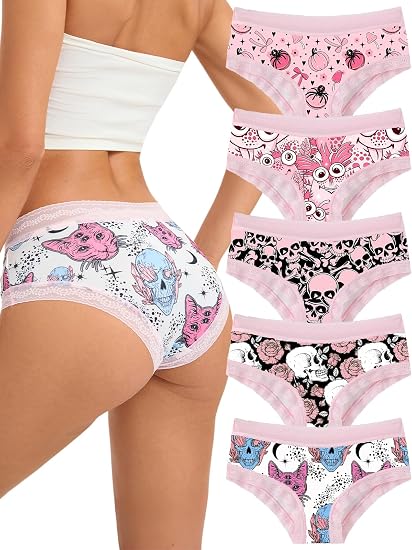 Morvia 5pcs Lace Trims Cute Printed Bikini Hipsters for Women Pack Panties - skull swimsuit