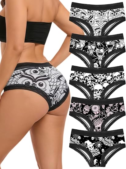 Morvia 5pcs Lace Trims Cute Printed Bikini Hipsters for Women Pack Panties - skull swimsuit