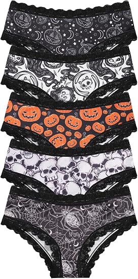 Morvia Halloween Briefs for Women, 5 Pack Lace Trim Hipster Underwear, Spooky Prints, Soft Breathable, S-XXL - skull swimsuit