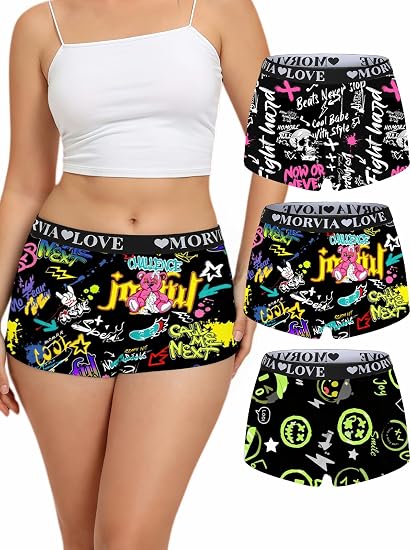 Morvia Women's Boyshort Underwear, Snake Rose Floral Print, Soft Stretch, Wide Ribbed Waistband, 3 Pack - skull swimsuit