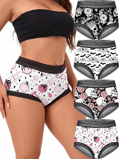 Morvia 4pcs Briefs Panties for Women Pack Lace Waistband Skull Underwear - skull swimsuit