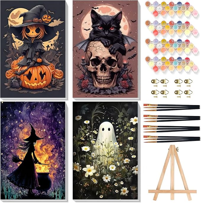 Halloween Paint by Numbers for Adults with Framed Canvas - Wooden Easel - skull painting