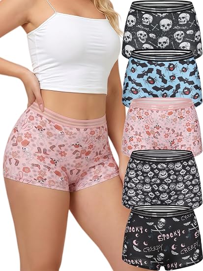 Morvia Women's Boxer Briefs, 5 Pack Gothic Printed Underwear, Spooky Skull Floral High Elasticity Soft Stretchy Boyshorts - skull swimsuit