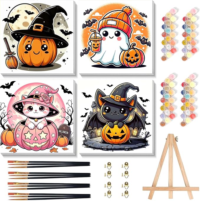 4 Pack Halloween Paint by Number for Kids with Wooden Frame - Wooden Easel - skull painting