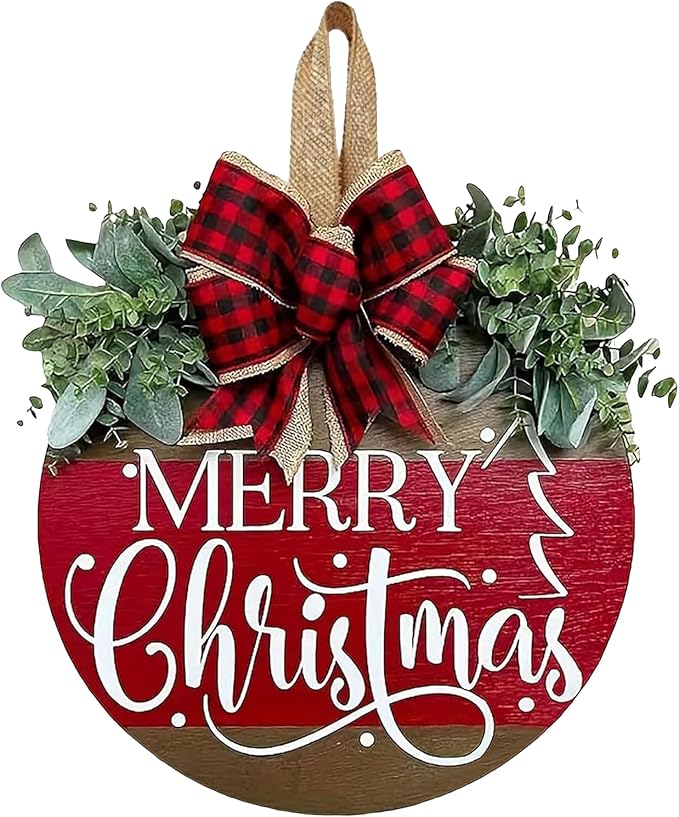 Christmas Wreaths for Front Door, Merry Christmas Door Hanger Sign Decor