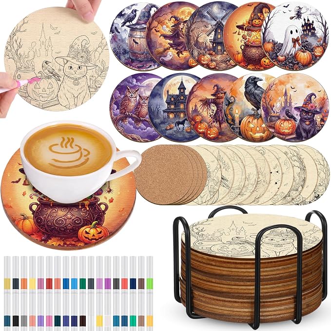 45 Pcs Halloween Wooden Coaster Painting Kit, DIY Craft Set - skull painting