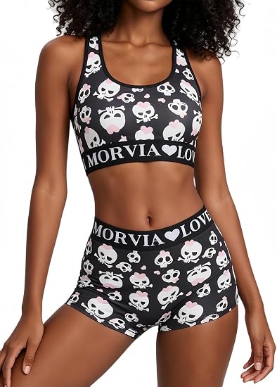 Morvia Women's 2 Piece Sport Pajamas Set Racerback Bralette and Underwear - skull swimsuit