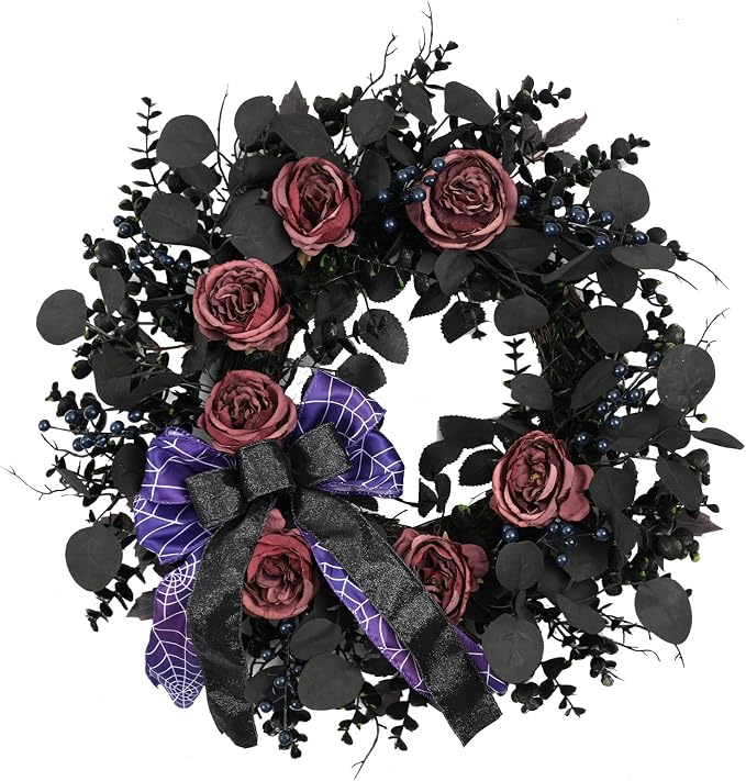 Idyllic 20″ Halloween Black Wreath Rose Purple Bow for Front Door Decor