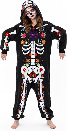 Adult Floral Skeleton Onesie Costume - One-Piece Pajama for Halloween Women - skull pajamas