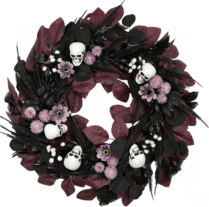 20 Inch Halloween Wreath for Front Door Gothic Skull Decor