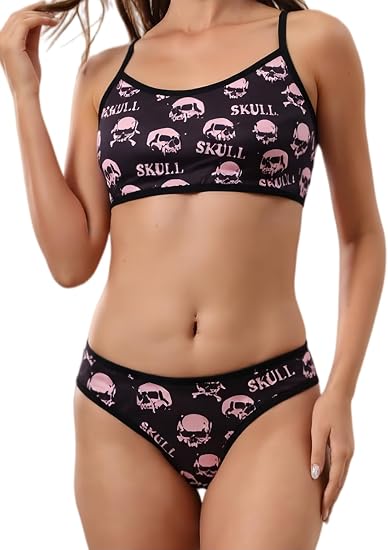 Morvia Women’s Cute Strawberry Plaid Spaghetti Strap 2 Piece Underwear Set - skull pajamas