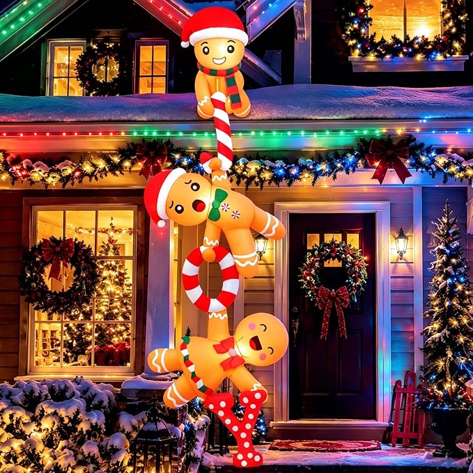 Joeyan 8 FT Hanging Christmas Inflatables Gingerbread, Joy Climbing Gingerbread Man Inflatable Funny Christmas Blow Ups, Roof Inflatable Christmas Decorations Outdoor for Yard Garden Window Balcony - skull inflatable