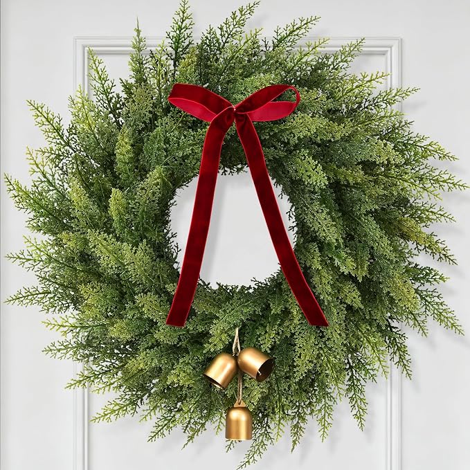 24" Realistic Christmas Wreath with Bow Bell, Real Touch Cedar Wreath - skull wreath