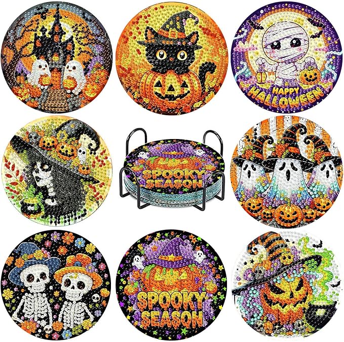 8Pcs Halloween Diamond Art Coasters Kit with Holder 4x4in - skull coaster