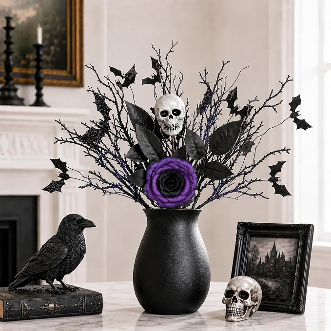 Halloween Artificial Floral Picks with Skull Purple Rose & Bat Home Decor - skull wreath