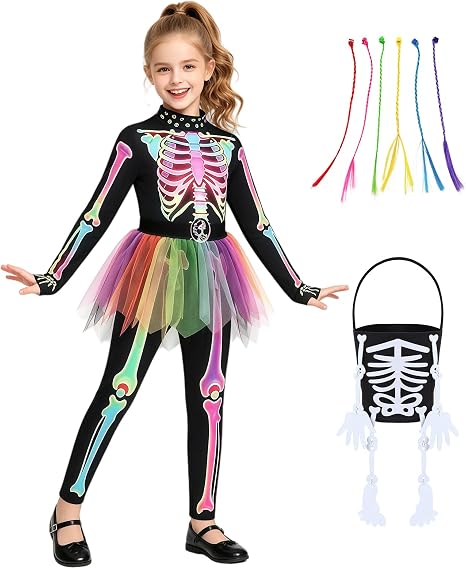Kids Skeleton Costume for Girls Halloween Ghostly Costumes Set - skeleton