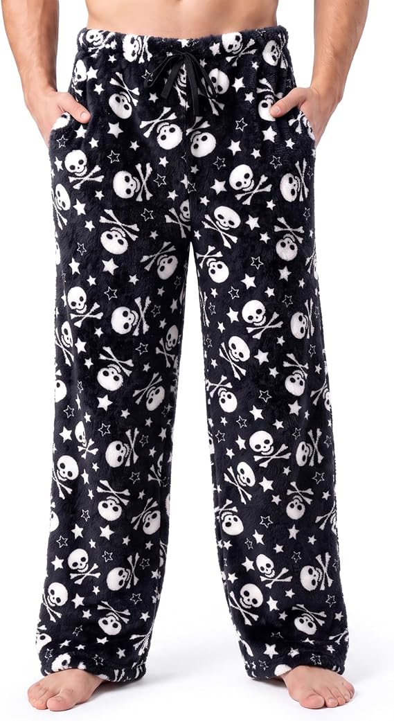 Giggling Getup Halloween Pajama Pants Men Soft Flannel Fleece Pajama Bottoms Sleep & Lounge Pants with Pockets and Drawstring - skull pajamas