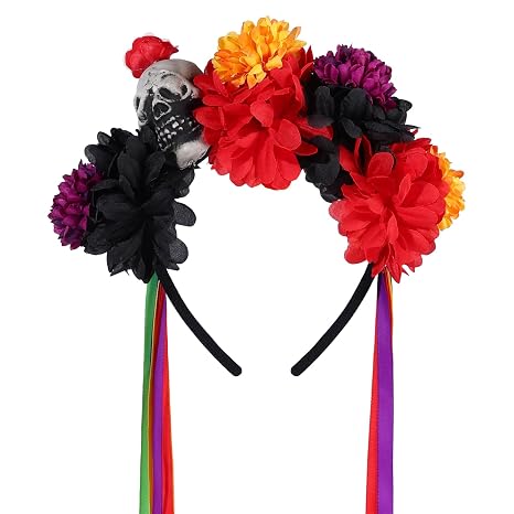 Day of the Dead Flower Headband for Women, Halloween Skull Floral Headpiece - sugar skull makeup