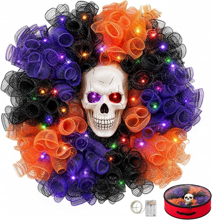 24 in Halloween Wreath with Skull and Color-Changing Lights - skull wreath