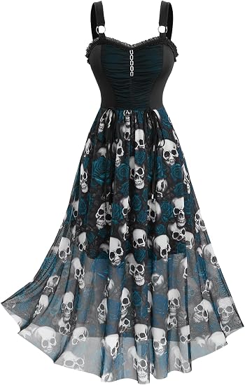 Rosegal Plus Size Gothic Skull Rose Mesh Maxi Halloween Dress with Pocket - sugar skull dress
