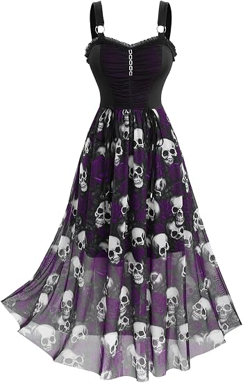 Rosegal Plus Size Gothic Skull Rose Mesh Maxi Halloween Dress with Pocket