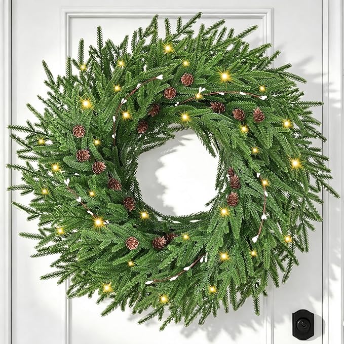 26'' Christmas Wreaths for Front Door, Artificial Green Wreaths with Lights - skull wreath