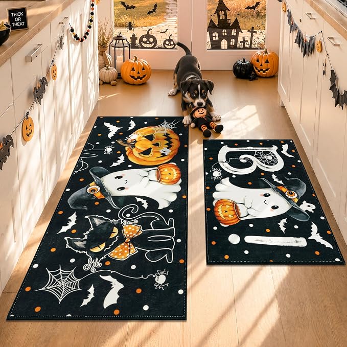 LOKHOM Halloween Kitchen Rugs Set of 2, Black Ghost Kitchen Mats for Floor