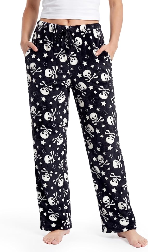 Giggling Getup Halloween Pajama Pants Women Soft Flannel Fleece Bottoms Sleep & Lounge Pants with Pockets and Drawstring - skull pajamas