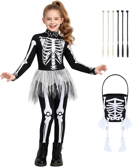 Kids Skeleton Costume for Girls Halloween Ghostly Costumes Set - skeleton