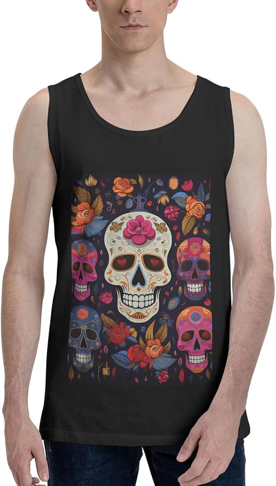 Mens Tank Tops Workout Gym Muscle Shirts Mexican Halloween Floral Sugar Skull Summer Sleeveless Tank Top for Men - skull tank tops