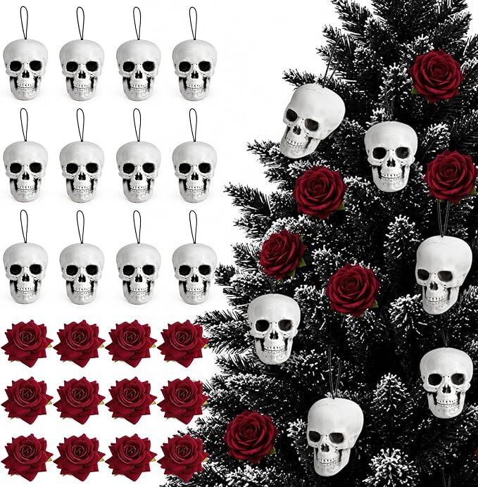 24Pcs Gothic Halloween Tree Decorations, Rose Skull Hanging Ornament - sugar skull ornament
