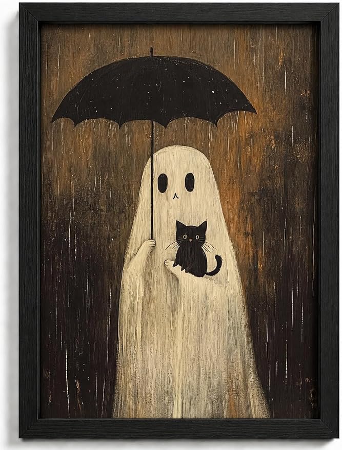 Framed Spooky Cute Ghost Black Cat Wall Art,Halloween Moody Painting Picture Wall Decor,Whimsical Ghost Umbrella Poster Print Artwork,for Living Room Bedroom Bathroom Home Decoration. - skull painting