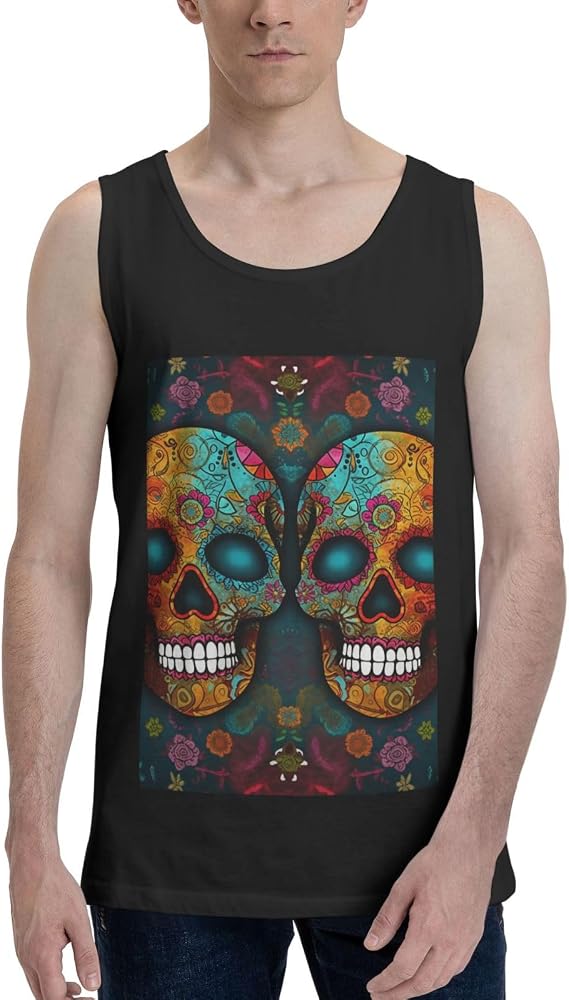 Mens Tank Tops Workout Gym Muscle Shirts Colorful Sugar Skulls Summer Sleeveless Tank Top for Men - skull tank tops
