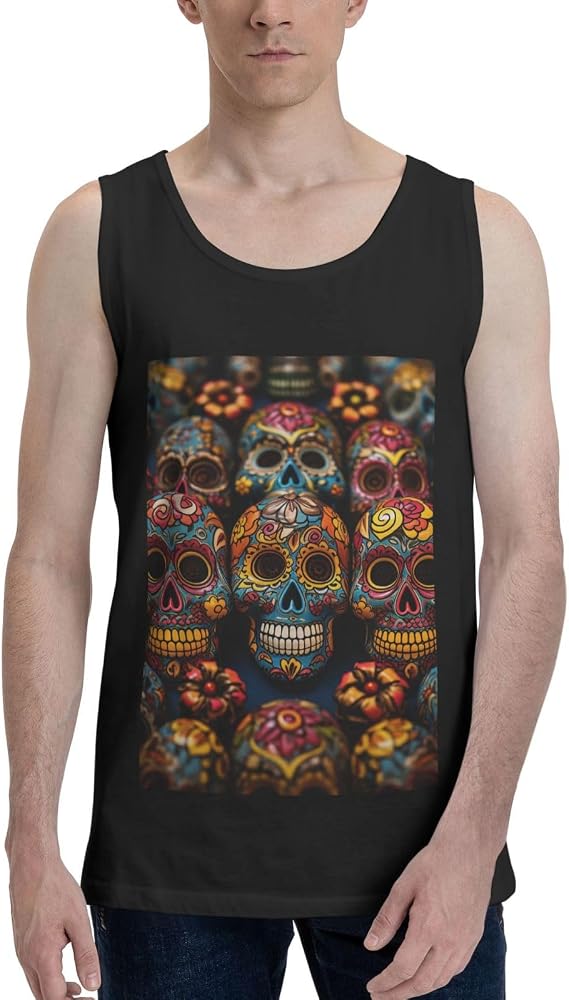 Mens Tank Tops Workout Gym Muscle Shirts Colorful Sugar Skulls Summer Sleeveless Tank Top for Men - skull tank tops