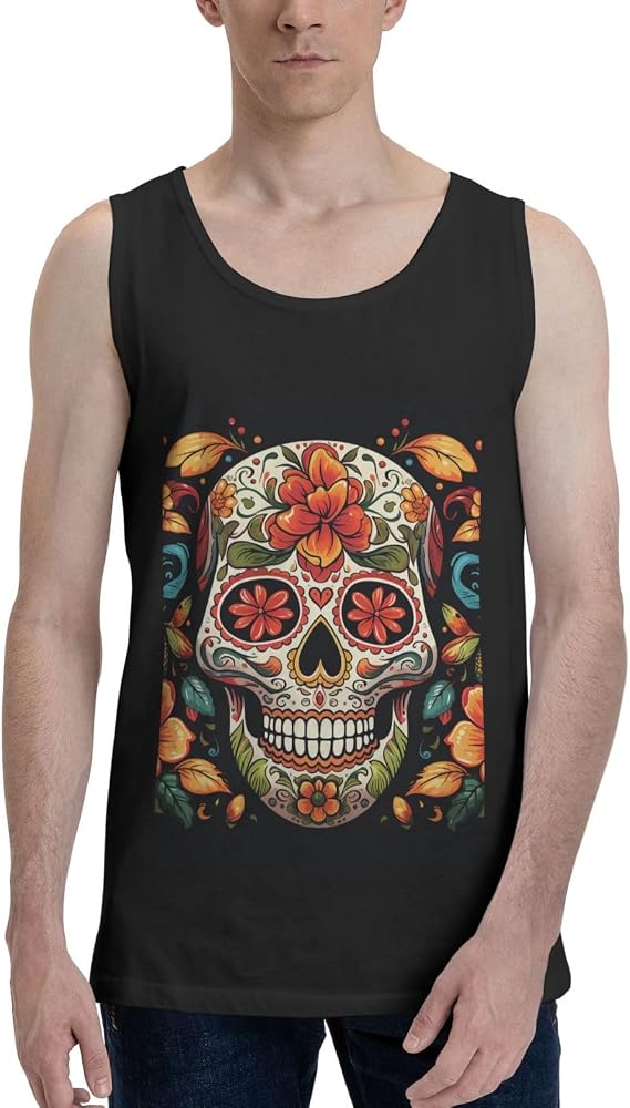Mens Tank Tops Workout Gym Muscle Shirts Colorful Sugar Skull Summer Sleeveless Tank Top for Men - skull tank tops