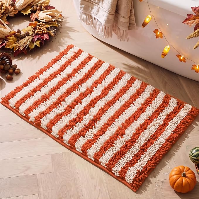 Fall Halloween Orange and White Striped Bathroom Rug, 20x32'' - skull toilet mat