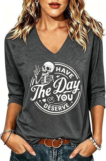 PUCKOLITY 3/4 Sleeve Halloween V-Neck Shirts for Women Funny Fall Pumpkin Graphic T-Shirt Casual Tee Tops - skull tshirt