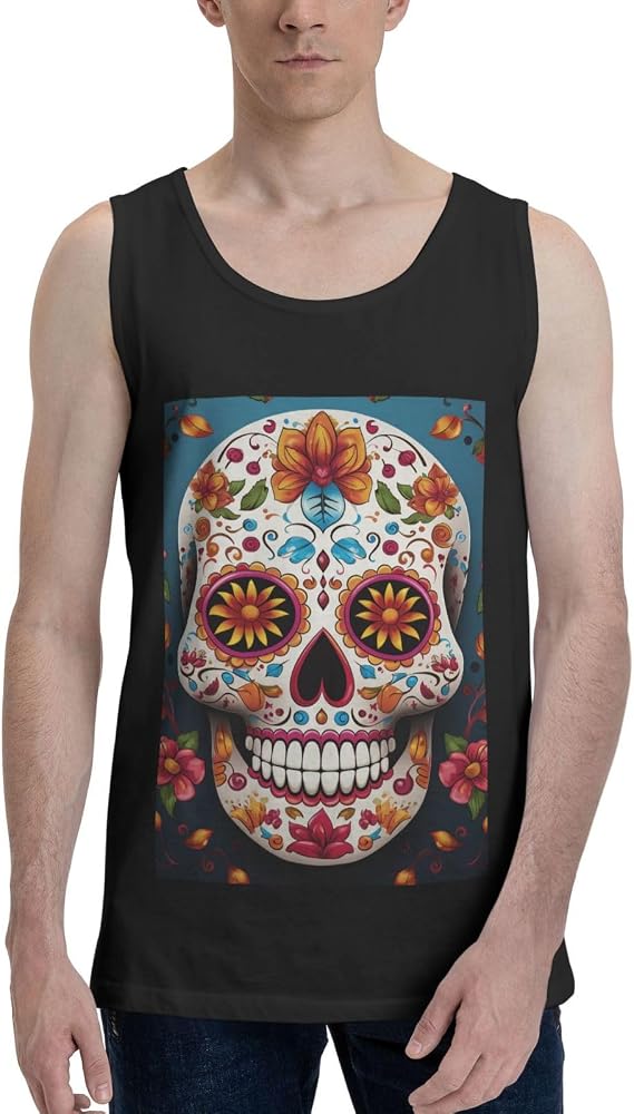 Mens Tank Tops Workout Gym Muscle Shirts Colorful Sugar Skull Summer Sleeveless Tank Top for Men - skull tank tops