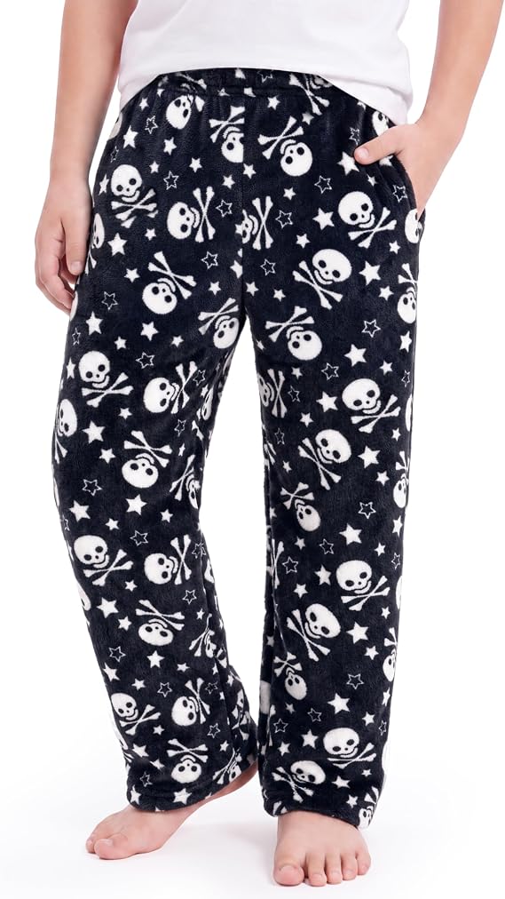 Giggling Getup Halloween Pajama Pants Kids Boy Soft Flannel Fleece Bottoms Sleep & Lounge Pants with Pockets and Drawstring - skull pajamas