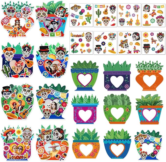 JULBEAR 32 Pcs Dia De Los Muertos Picture Frames with Stickers Set - skull sticker