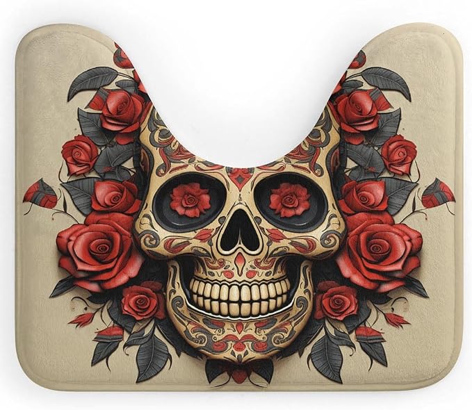 Red Rose Sugar Skull Toilet Rug U-Shaped Toilet Bath Mat Extra Soft Absorbent Contour Bathroom Rug Plush Ultra Thin Toilet Mat Non-Slip Bath Mat for Guest Room Bathroom 16x20 - skull toilet mat