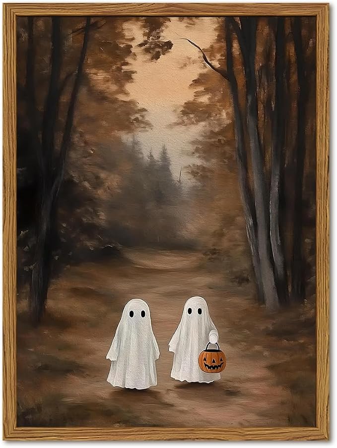 Framed Vintage Halloween Ghost Canvas Wall Art, Cute Ghosts Pumpkin Wall Decor Paintings, Gothic Dark Academia Pictures Prints Spooky Fall Forest Home Decor for Living Room Bedroom Bathroom 8x10 inch - skull wall art