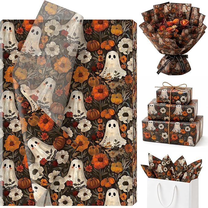 60 Sheets Boho Ghost Floral Tissue Paper, 13.8 x 19.7'' Boho Ghost Floral Pumpkin Patterns Gift Wrapping Paper for Halloween DIY Craft Autumn Party Supplies - skull toilet paper