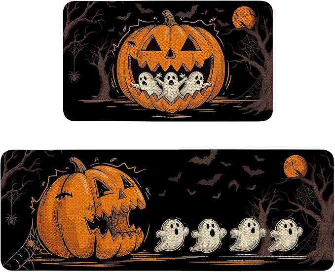 Halloween Kitchen Mat Set of 2, Non Slip Washable Black Halloween Kitchen Rugs Decor Funny Pumpkin Eating Ghost Floor Mat Indoor Rug Kitchen Decorations - skull floor mat