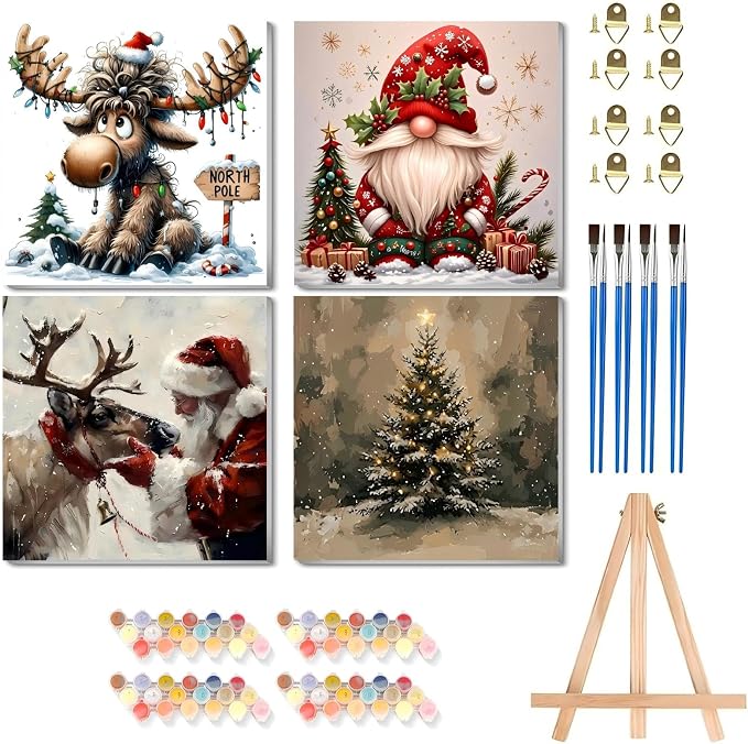 askkqtx 4 Pack Christmas Paint by Numbers Kit for Adults with Frame 8x8 in - skull painting